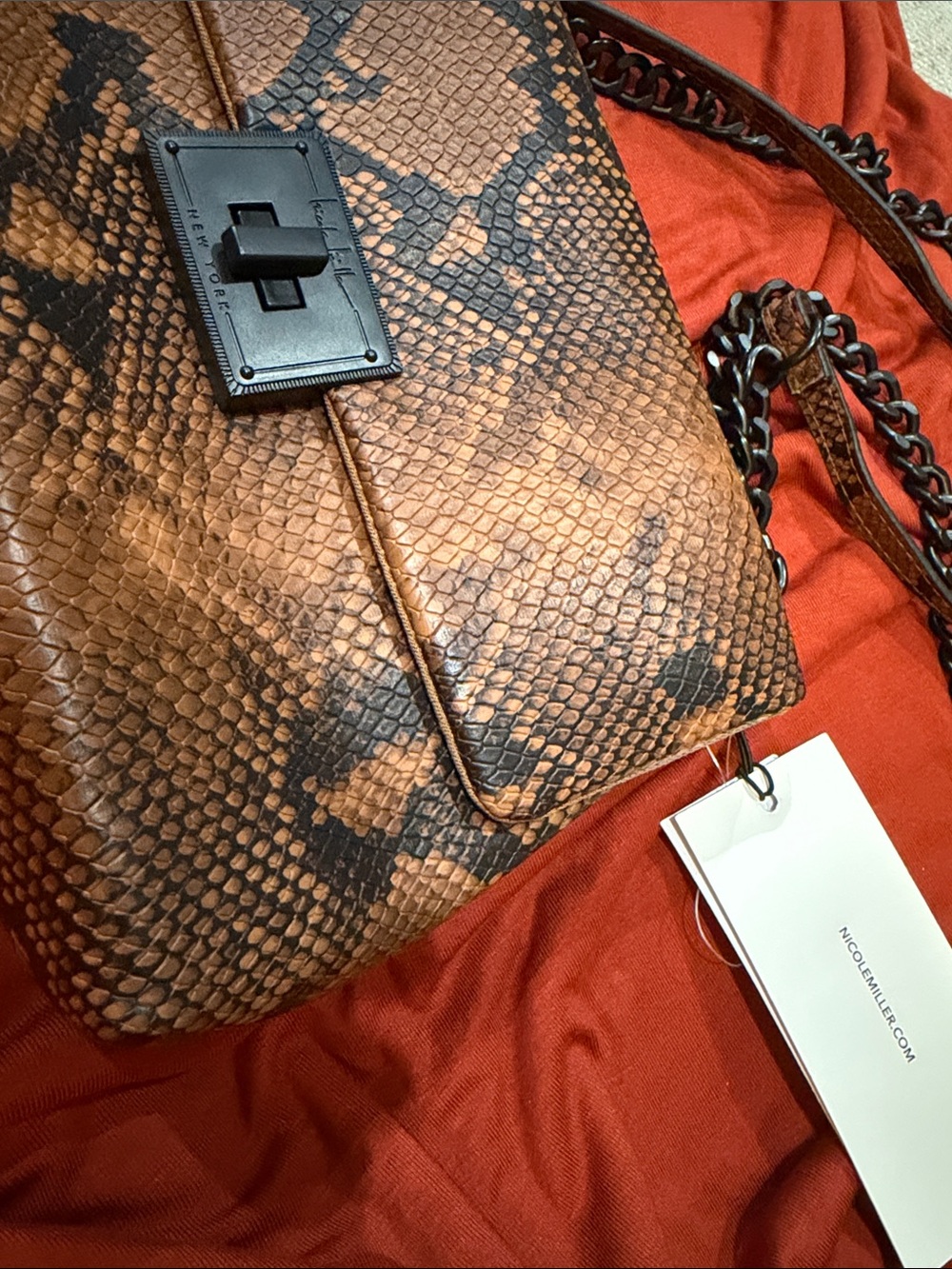 Nicole Miller Tan and Black Snake-Print Shoulder Bag with Chain Strap
